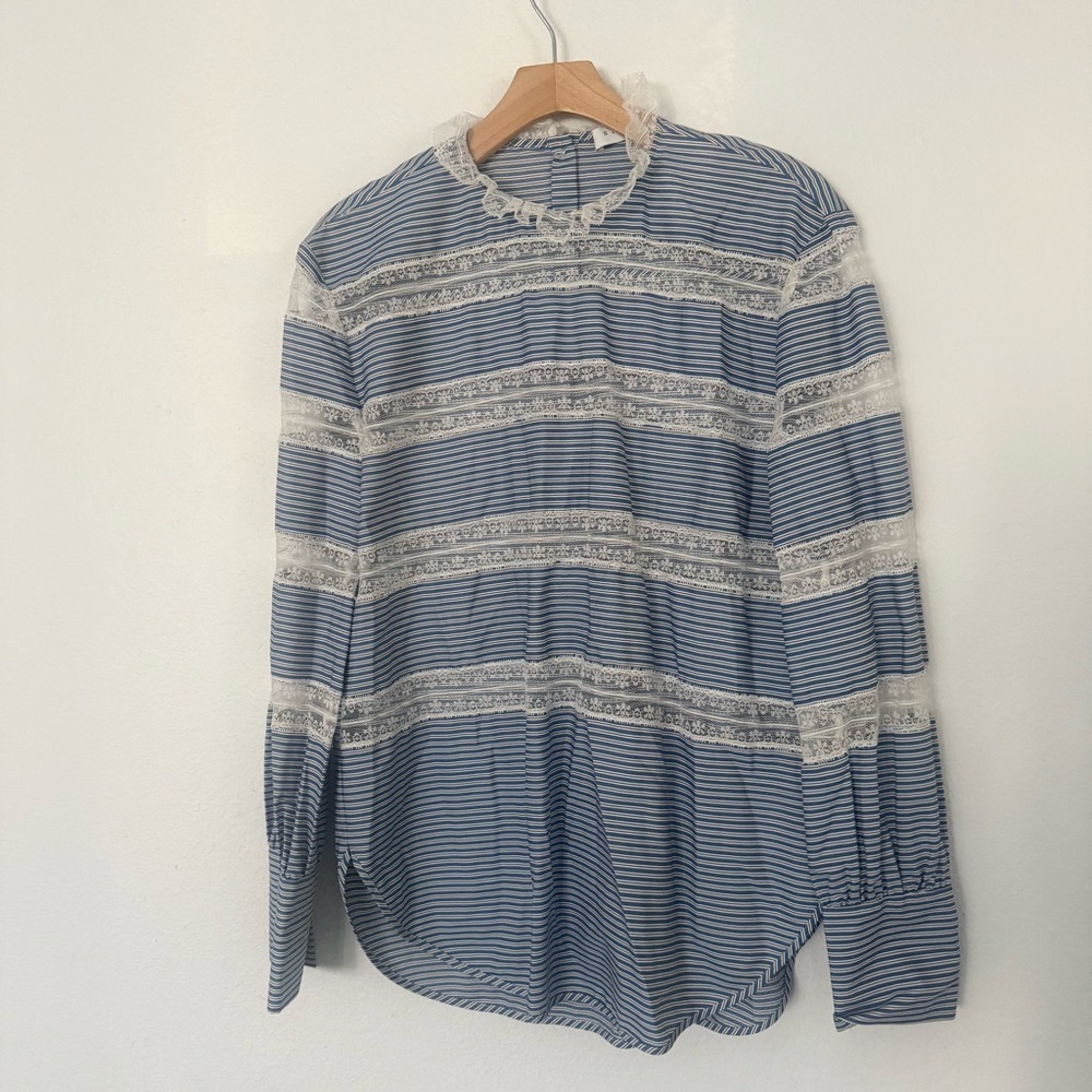 Sandro Blue and White Striped Lace-Trimmed Top